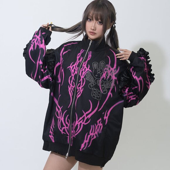 ACDC RAG - Nightmare Studded Bunny Ruffle Black Oversized Jacket - Picture 3 of 10